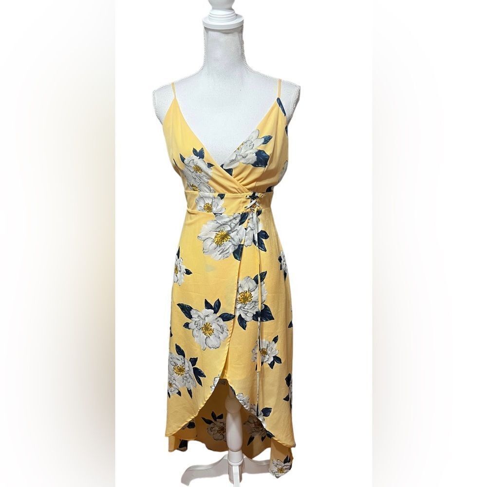 J.O.A. Los Angeles Yellow Floral lace up detail Slit Spaghetti Strap Dress S